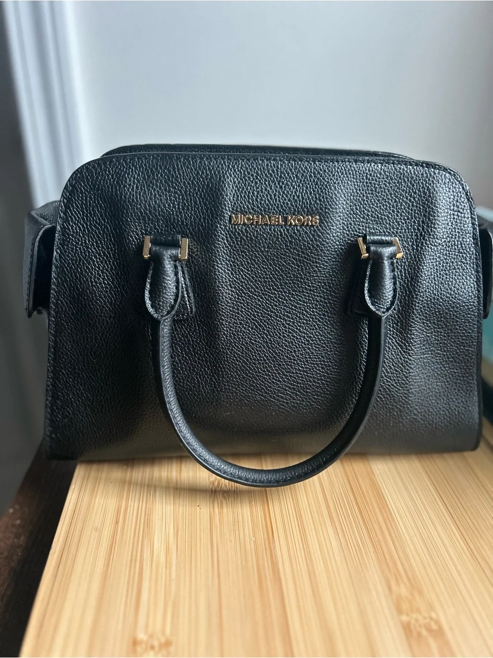 Michael Kors Black Pebbled Leather Satchel with Gold Hardware and Strap